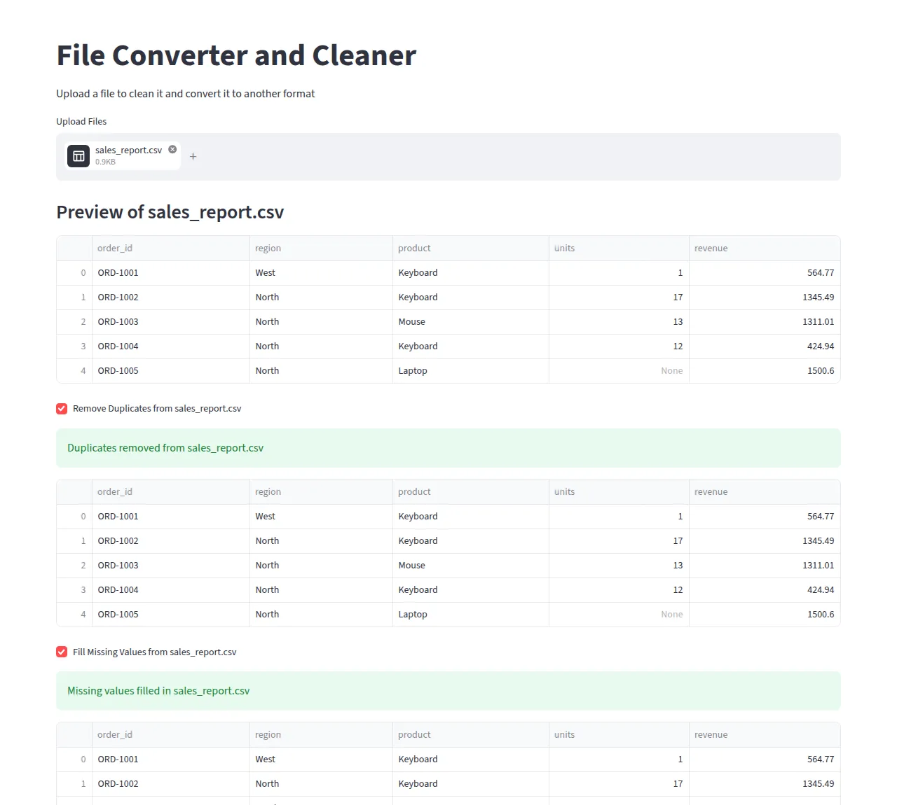 Upload, preview and cleaning steps