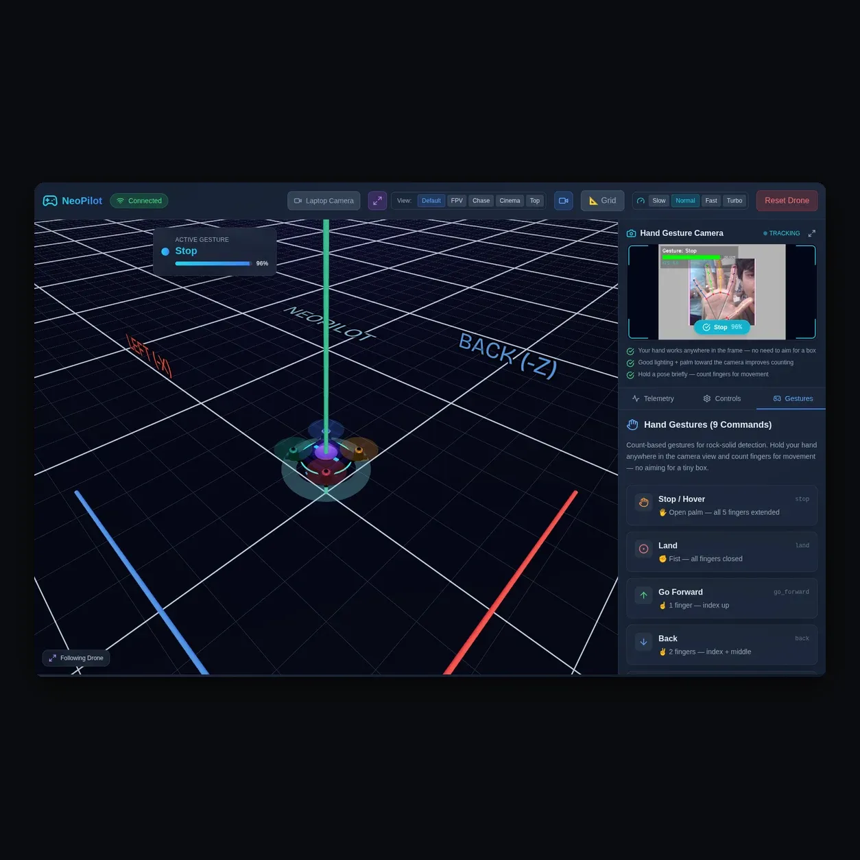 NeoPilot — MediaPipe hand tracking driving a 3D drone simulation